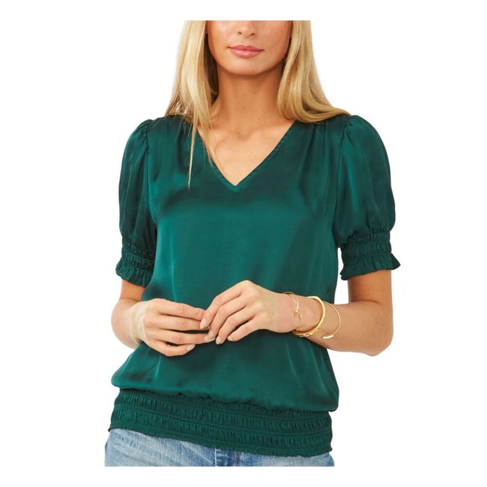 VINCE CAMUTO Womens Green Silk Short Sleeve V Neck Wear To Work Blouse XXS